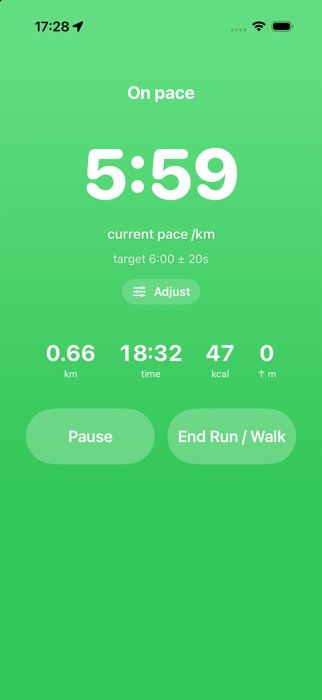 RunPrivate iPhone screen showing an on-pace run at 5:59 per kilometre
