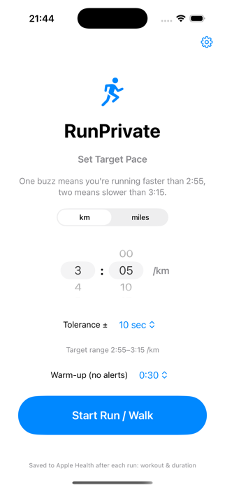 RunPrivate pace setup screen on iPhone