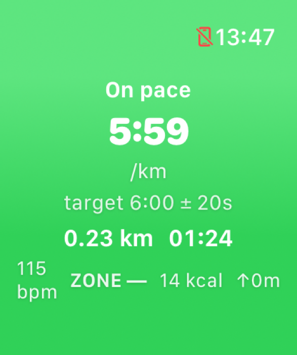 RunPrivate Apple Watch screen showing an on-pace run at 5:59 per kilometre